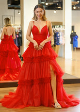 Ingrid | Tiered Pleats Ruffles Spaghetti Straps Red Tulle Prom Dress - Red - PromDressClub